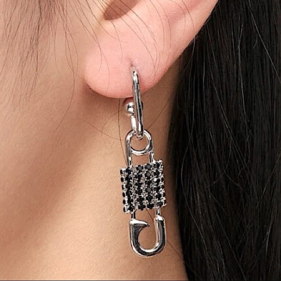 Safety Pin White GP Zircon Drop Minimalist Earrings - Picture 2 of 5